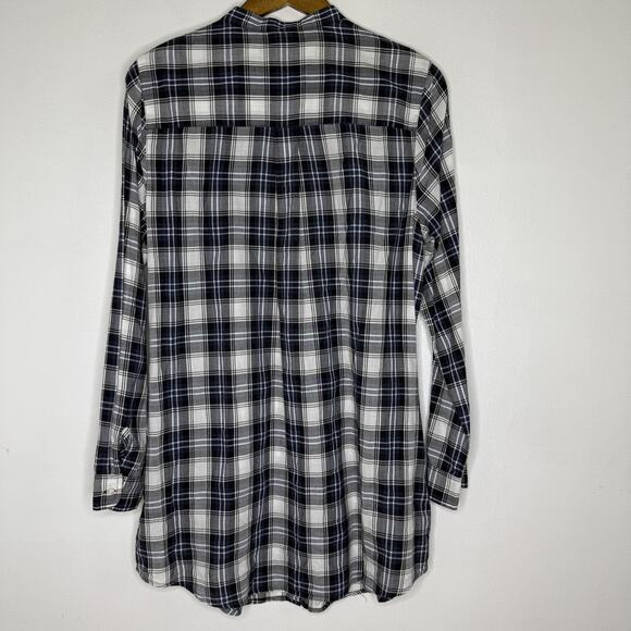 J McLaughlin Shirt Womens Large Navy Blue White Plaid Tunic Band Collar Pockets - Picture 6 of 8